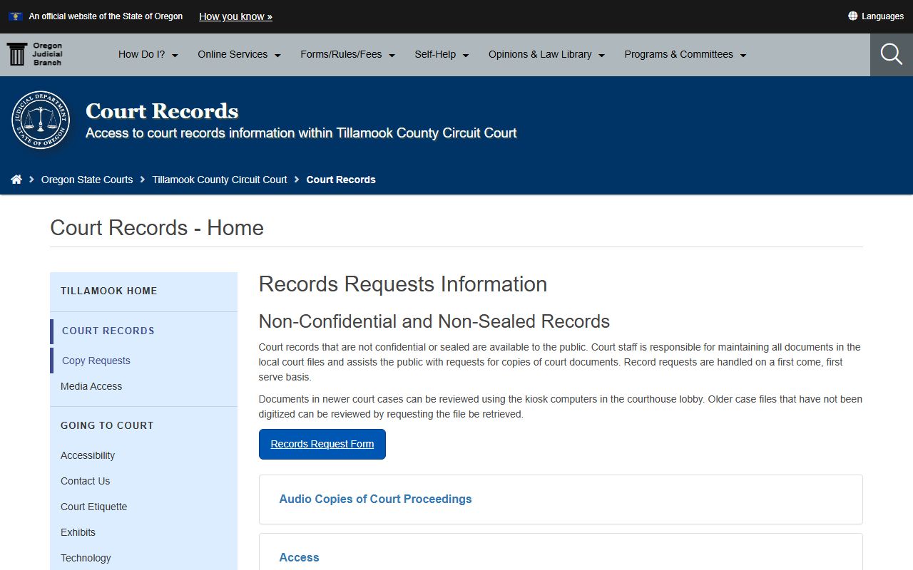 Tillamook County court records after jail arrest request and kiosk instructions